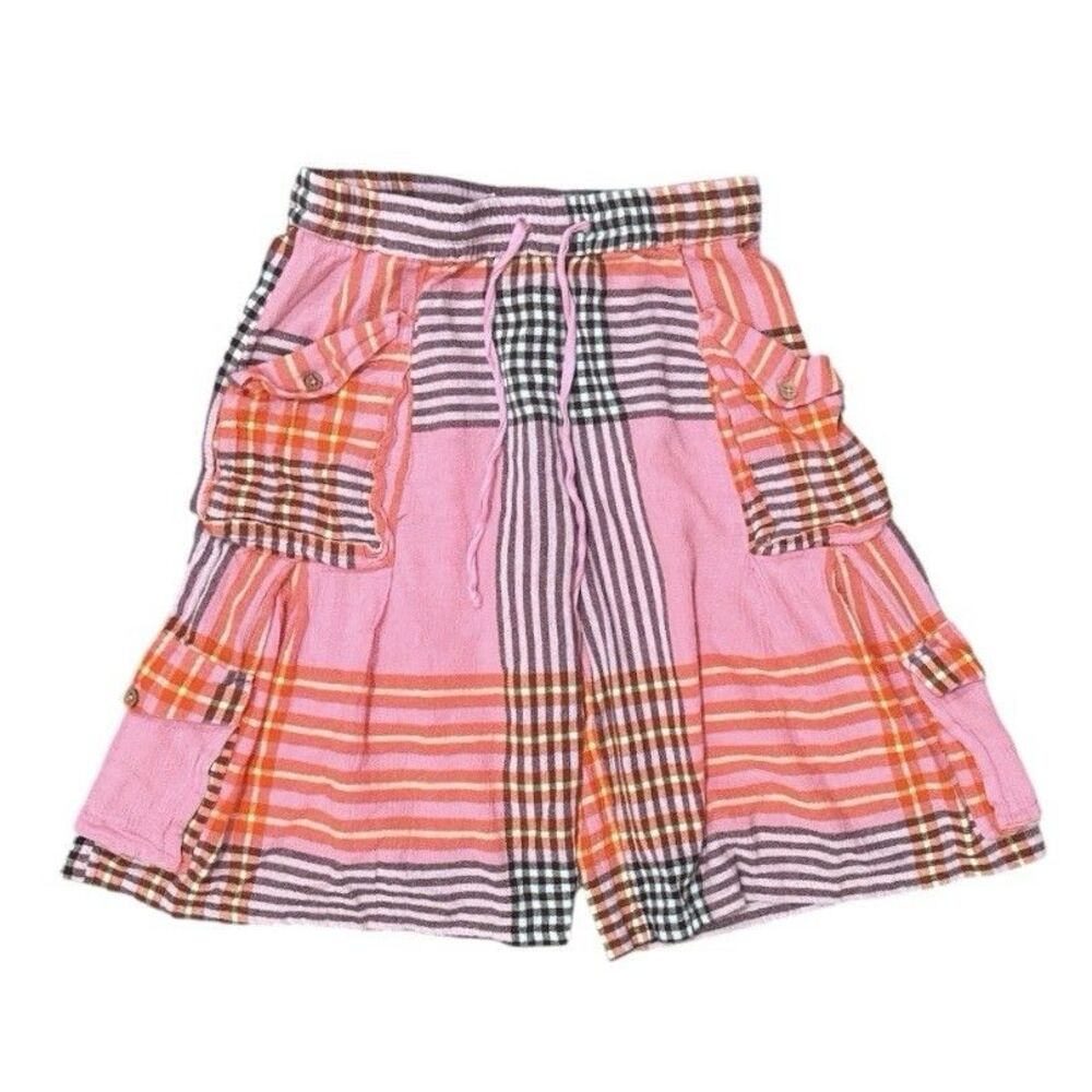 Free People Plaid Baggy Cargo Shorts Pink Wide Leg Boho Bermuda Size Small